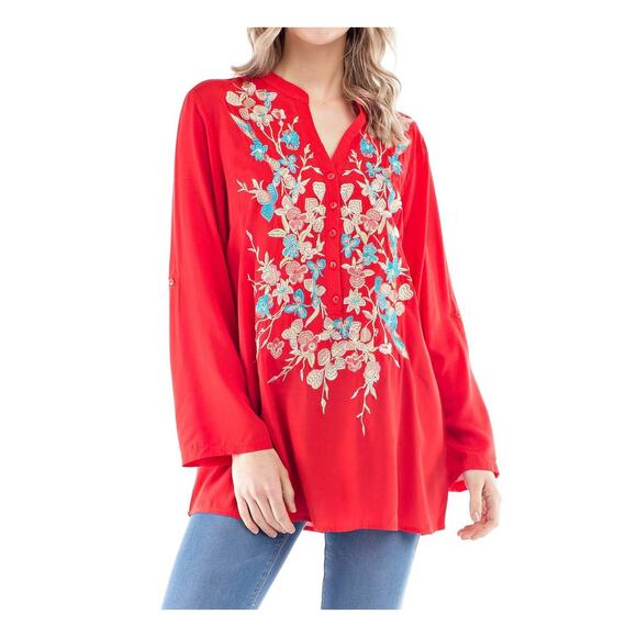 Luna Moon Women's Size Medium Red Embroidered Tunic Top - Picture 1 of 9